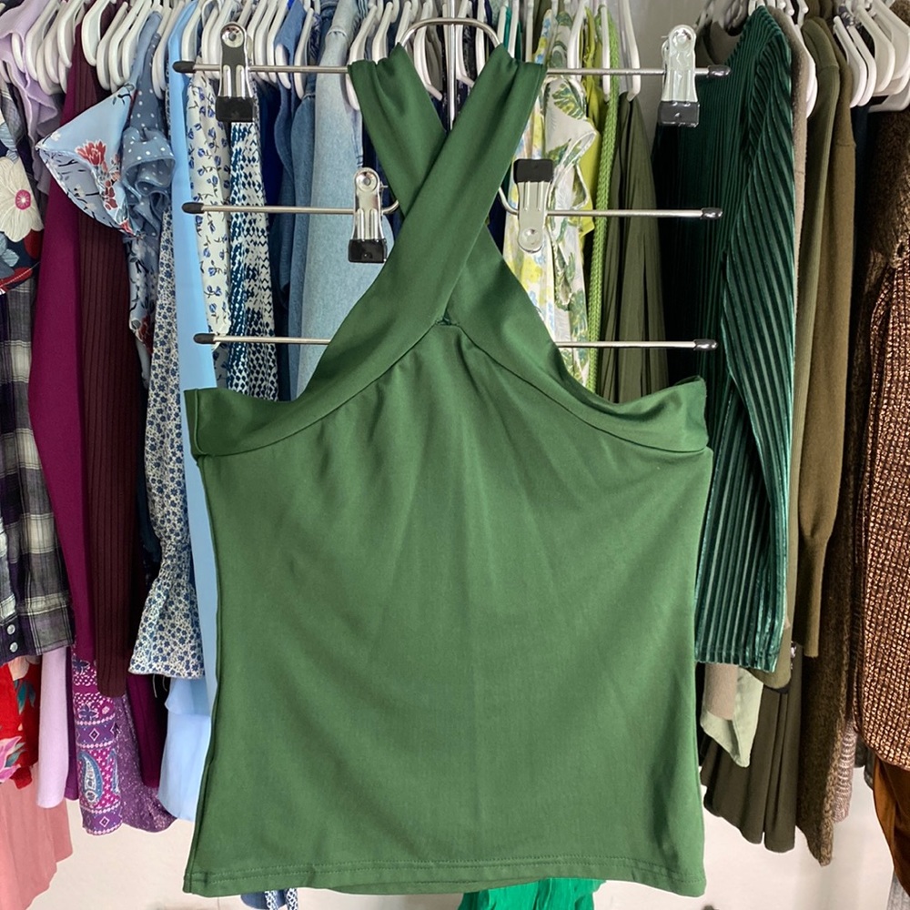 Green Sleeveless Crisscross Top | Size : M